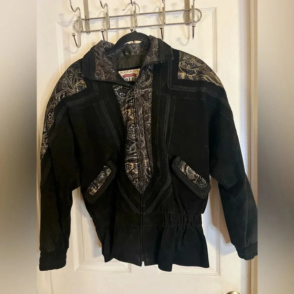 Vtg Adler Suede Leather Coat Women’s Medium 80’s Ruched Paisley Print Patchwork - Picture 2 of 11